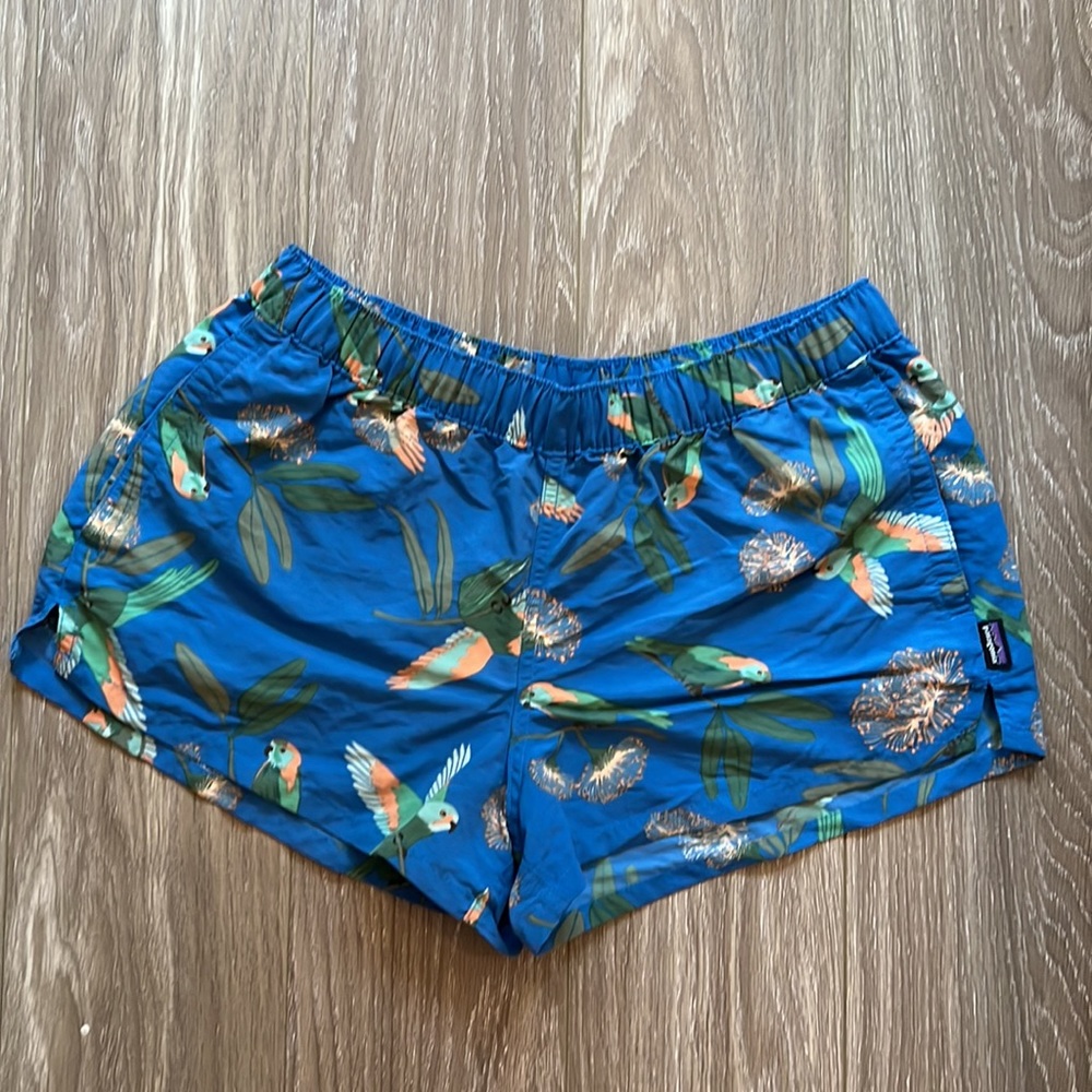 patagonia barely baggies blue with parrots print